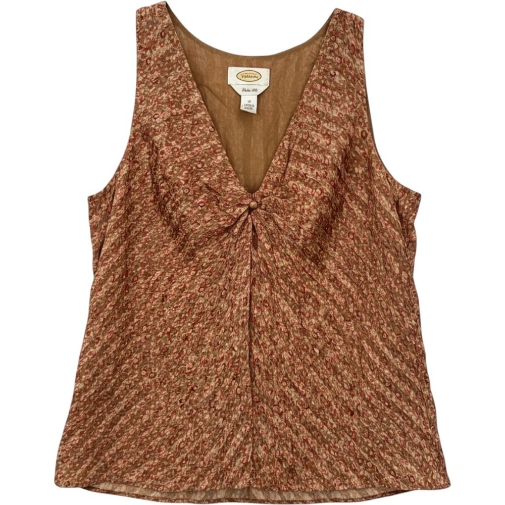 Talbots Silk Tank Top Womens 12 Brown‎ Abstract Floral Circle Ring Front Blouse